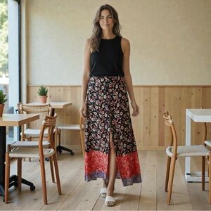 Express Black and Pink Floral Maxi Skirt with Front Slit